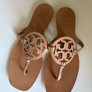Tory Burch Miller Sandals Square Toe Tan Leather Cutout Logo